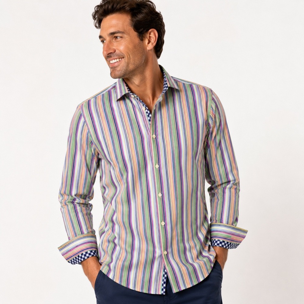 TailorByrd Men's XL Long Sleeve Shirt Multicolor Gingham Stripe Cuff 100% Cotton